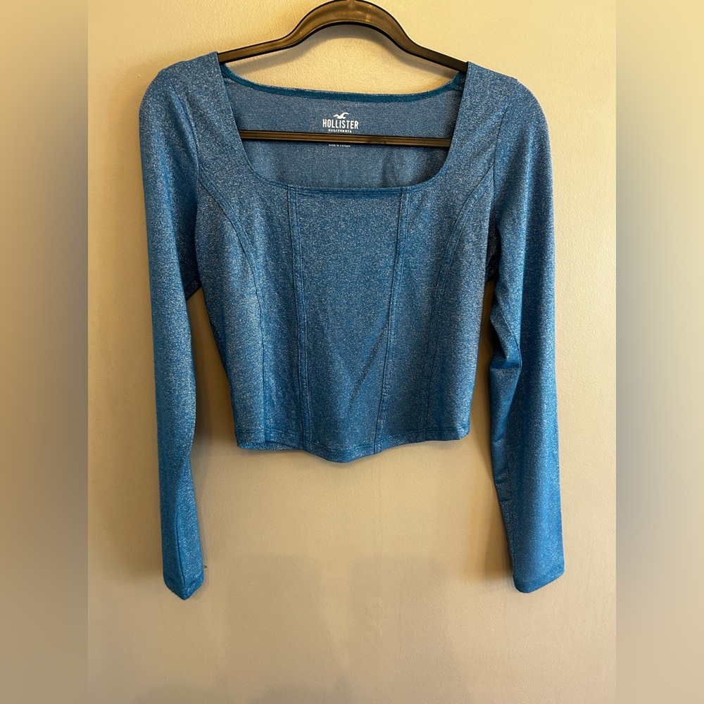 Hollister blue silver sparkle long sleeved crop top Y2K size L - Picture 2 of 15